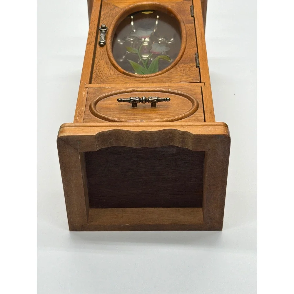 Vintage Wooden Jewelry Armoire Etched Floral Glass Door Necklace Carousel Box